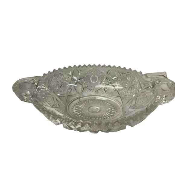 Antique American Nucut Glass Oval Bowl Dish SawTooth Rim Hobstar Vintage - Picture 1 of 10